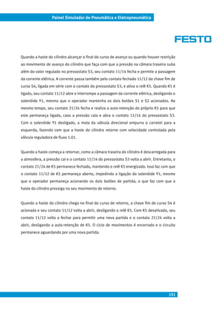 151
Painel Simulador de Pneumática e Eletropneumática
Quando a haste do cilindro alcançar o final do curso de avanço ou quando houver restrição
ao movimento de avanço do cilindro que faça com que a pressão na câmara traseira suba
além do valor regulado no pressostato S3, seu contato 11/14 fecha e permite a passagem
da corrente elétrica. A corrente passa também pelo contato fechado 11/12 da chave fim de
curso S4, ligada em série com o contato do pressostato S3, e ativa o relê K5. Quando K5 é
ligado, seu contato 11/12 abre e interrompe a passagem da corrente elétrica, desligando o
solenóide Y1, mesmo que o operador mantenha os dois botões S1 e S2 acionados. Ao
mesmo tempo, seu contato 21/24 fecha e realiza a auto-retenção do próprio K5 para que
este permaneça ligado, caso a pressão caia e abra o contato 11/14 do pressostato S3.
Com o solenóide Y1 desligado, a mola da válvula direcional empurra o carretel para a
esquerda, fazendo com que a haste do cilindro retorne com velocidade controlada pela
válvula reguladora de fluxo 1.01.
Quando a haste começa a retornar, como a câmara traseira do cilindro é descarregada para
a atmosfera, a pressão cai e o contato 11/14 do pressostato S3 volta a abrir. Entretanto, o
contato 21/24 de K5 permanece fechado, mantendo o relê K5 energizado. Isso faz com que
o contato 11/12 de K5 permaneça aberto, impedindo a ligação do solenóide Y1, mesmo
que o operador permaneça acionando os dois botões de partida, o que faz com que a
haste do cilindro prossiga no seu movimento de retorno.
Quando a haste do cilindro chega no final do curso de retorno, a chave fim de curso S4 é
acionada e seu contato 11/12 volta a abrir, desligando o relê K5. Com K5 desativado, seu
contato 11/12 volta a fechar para permitir uma nova partida e o contato 21/24 volta a
abrir, desligando a auto-retenção de K5. O ciclo de movimentos é encerrado e o circuito
permanece aguardando por uma nova partida.
 