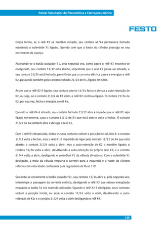 155
Painel Simulador de Pneumática e Eletropneumática
Dessa forma, se o relê K3 se mantém ativado, seu contato 41/44 permanece fechado
mantendo o solenóide Y1 ligado, fazendo com que a haste do cilindro prossiga no seu
movimento de avanço.
Acionando-se o botão pulsador S1, pela segunda vez, como agora o relê K3 encontra-se
energizado, seu contato 11/12 está aberto, impedindo que o relê K1 possa ser ativado, e
seu contato 21/24 está fechado, permitindo que a corrente elétrica passe e energize o relê
K2, passando também pelo contato fechado 21/22 de K1, ligado em série.
Assim que o relê K2 é ligado, seu contato aberto 11/14 fecha e efetua a auto-retenção de
K2, ou seja, se o contato 21/24 de K3 abrir, o relê K2 continua ligado. O contato 21/24 de
K2, por sua vez, fecha e energiza o relê K4.
Quando o relê K4 é ativado, seu contato fechado 11/12 abre e impede que o relê K1 seja
ligado novamente, caso o contato 11/12 de K3 que está aberto volte a fechar. O contato
21/22 de K4 também abre e desliga o relê K3.
Com o relê K3 desativado, todos os seus contatos voltam a posição inicial, isto é: o contato
11/12 volta a fechar, mas o relê K1 é impedido de ligar pelo contato 11/12 de K4 que está
aberto; o contato 21/24 volta a abrir, mas a auto-retenção de K2 o mantém ligado; o
contato 31/34 volta a abrir, desativando a auto-retenção do próprio relê K3; e o contato
41/44 volta a abrir, desligando o solenóide Y1 da válvula direcional. Com o solenóide Y1
desligado, a mola da válvula empurra o carretel para a esquerda e a haste do cilindro
retorna com velocidade controlada pela reguladora de fluxo 1.01.
Soltando-se novamente o botão pulsador S1, seu contato 13/14 abre e, pela segunda vez,
interrompe a passagem da corrente elétrica, desligando o relê K2 que estava energizado
enquanto o botão S1 era mantido acionado. Quando o relê K2 é desligado, seus contatos
voltam a posição inicial, ou seja: o contato 11/14 volta a abrir, desativando a auto-
retenção de K2; e o contato 21/24 volta a abrir desligando o relê K4.
 