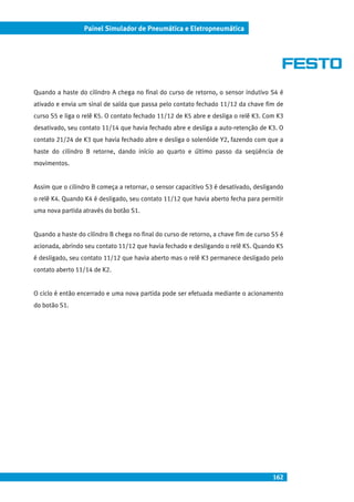 162
Painel Simulador de Pneumática e Eletropneumática
Quando a haste do cilindro A chega no final do curso de retorno, o sensor indutivo S4 é
ativado e envia um sinal de saída que passa pelo contato fechado 11/12 da chave fim de
curso S5 e liga o relê K5. O contato fechado 11/12 de K5 abre e desliga o relê K3. Com K3
desativado, seu contato 11/14 que havia fechado abre e desliga a auto-retenção de K3. O
contato 21/24 de K3 que havia fechado abre e desliga o solenóide Y2, fazendo com que a
haste do cilindro B retorne, dando início ao quarto e último passo da seqüência de
movimentos.
Assim que o cilindro B começa a retornar, o sensor capacitivo S3 é desativado, desligando
o relê K4. Quando K4 é desligado, seu contato 11/12 que havia aberto fecha para permitir
uma nova partida através do botão S1.
Quando a haste do cilindro B chega no final do curso de retorno, a chave fim de curso S5 é
acionada, abrindo seu contato 11/12 que havia fechado e desligando o relê K5. Quando K5
é desligado, seu contato 11/12 que havia aberto mas o relê K3 permanece desligado pelo
contato aberto 11/14 de K2.
O ciclo é então encerrado e uma nova partida pode ser efetuada mediante o acionamento
do botão S1.
 