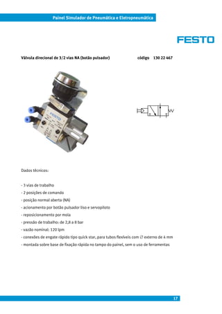 17
Painel Simulador de Pneumática e Eletropneumática
Válvula direcional de 3/2 vias NA (botão pulsador) código 130 22 467
Dados técnicos:
- 3 vias de trabalho
- 2 posições de comando
- posição normal aberta (NA)
- acionamento por botão pulsador liso e servopiloto
- reposicionamento por mola
- pressão de trabalho: de 2,8 a 8 bar
- vazão nominal: 120 lpm
- conexões de engate rápido tipo quick star, para tubos flexíveis com ∅ externo de 4 mm
- montada sobre base de fixação rápida no tampo do painel, sem o uso de ferramentas
 