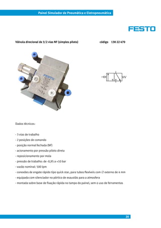 20
Painel Simulador de Pneumática e Eletropneumática
Válvula direcional de 3/2 vias NF (simples piloto) código 130 22 470
Dados técnicos:
- 3 vias de trabalho
- 2 posições de comando
- posição normal fechada (NF)
- acionamento por pressão piloto direta
- reposicionamento por mola
- pressão de trabalho: de -0,95 a +10 bar
- vazão nominal: 500 lpm
- conexões de engate rápido tipo quick star, para tubos flexíveis com ∅ externo de 4 mm
- equipada com silenciador no pórtico de exaustão para a atmosfera
- montada sobre base de fixação rápida no tampo do painel, sem o uso de ferramentas
 