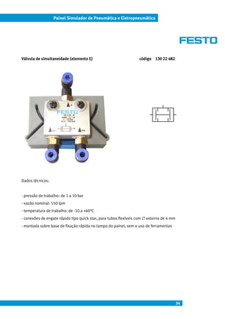 34
Painel Simulador de Pneumática e Eletropneumática
Válvula de simultaneidade (elemento E) código 130 22 482
Dados técnicos:
- pressão de trabalho: de 1 a 10 bar
- vazão nominal: 550 lpm
- temperatura de trabalho: de -10 a +60°C
- conexões de engate rápido tipo quick star, para tubos flexíveis com ∅ externo de 4 mm
- montada sobre base de fixação rápida no tampo do painel, sem o uso de ferramentas
 