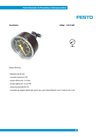 36
Painel Simulador de Pneumática e Eletropneumática
Vacuômetro código 130 22 487
Dados técnicos:
- diâmetro de 40 mm
- conexão traseira G 1/8”
- escala métrica de -1 a 0 bar
- escala inglesa de -14 a 0 PSI
- classe de precisão de 1%
- conexões de engate rápido tipo quick star, para tubos flexíveis com ∅ externo de 4 mm
 