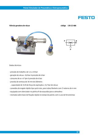 37
Painel Simulador de Pneumática e Eletropneumática
Válvula geradora de vácuo código 130 22 486
Dados técnicos:
- pressão de trabalho: de 1,5 a 10 bar
- geração de vácuo: -0,8 bar à pressão de 6 bar
- consumo de ar: 47 lpm à pressão de 6 bar
- provida de ventosa de 30 mm de diâmetro
. capacidade de 34 N de força de aspiração a -0,7 bar de vácuo
- conexões de engate rápido tipo quick star, para tubos flexíveis com ∅ externo de 4 mm
- equipada com silenciador no pórtico R de exaustão para a atmosfera
- montada sobre base de fixação rápida no tampo do painel, sem o uso de ferramentas
P R
U
 
