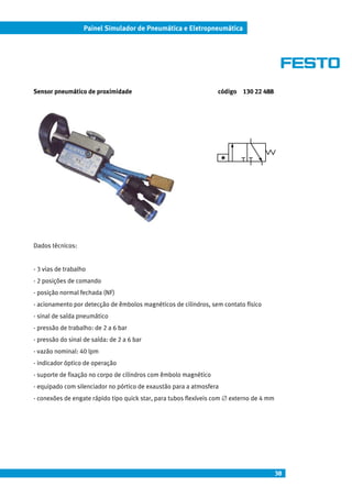 38
Painel Simulador de Pneumática e Eletropneumática
Sensor pneumático de proximidade código 130 22 488
Dados técnicos:
- 3 vias de trabalho
- 2 posições de comando
- posição normal fechada (NF)
- acionamento por detecção de êmbolos magnéticos de cilindros, sem contato físico
- sinal de saída pneumático
- pressão de trabalho: de 2 a 6 bar
- pressão do sinal de saída: de 2 a 6 bar
- vazão nominal: 40 lpm
- indicador óptico de operação
- suporte de fixação no corpo de cilindros com êmbolo magnético
- equipado com silenciador no pórtico de exaustão para a atmosfera
- conexões de engate rápido tipo quick star, para tubos flexíveis com ∅ externo de 4 mm
 