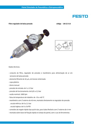 39
Painel Simulador de Pneumática e Eletropneumática
Filtro regulador de baixa pressão código 130 22 513
Dados técnicos:
- conjunto de filtro, regulador de pressão e manômetro para alimentação de ar em
sensores de baixa pressão
- elemento filtrante de 40 µm, em bronze sinterizado
- copo plástico
- dreno manual
- pressão de entrada: de 1 a 12 bar
- pressão de funcionamento: de 0,05 a 2,5 bar
- vazão nominal: 1800 lpm
- faixa de temperatura de trabalho: de -10 a +60 °C
- manômetro com ∅ externo de 40 mm, montado diretamente no regulador de pressão
. escala métrica: de 0 a 2,5 bar
. escala inglesa: de 0 a 36 PSI
- conexões de engate rápido tipo quick star, para tubos flexíveis com ∅ externo de 4 mm
- montada sobre base de fixação rápida no tampo do painel, sem o uso de ferramentas
 