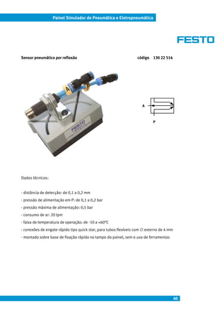 40
Painel Simulador de Pneumática e Eletropneumática
Sensor pneumático por reflexão código 130 22 514
Dados técnicos:
- distância de detecção: de 0,1 a 0,2 mm
- pressão de alimentação em P: de 0,1 a 0,2 bar
- pressão máxima de alimentação: 0,5 bar
- consumo de ar: 20 lpm
- faixa de temperatura de operação: de -10 a +60°C
- conexões de engate rápido tipo quick star, para tubos flexíveis com ∅ externo de 4 mm
- montado sobre base de fixação rápida no tampo do painel, sem o uso de ferramentas
P
A
 