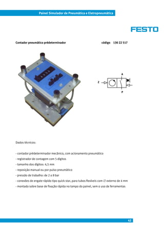 42
Painel Simulador de Pneumática e Eletropneumática
Contador pneumático prédeterminador código 130 22 517
Dados técnicos:
- contador prédeterminador mecânico, com acionamento pneumático
- registrador de contagem com 5 dígitos
- tamanho dos dígitos: 4,5 mm
- reposição manual ou por pulso pneumático
- pressão de trabalho: de 2 a 8 bar
- conexões de engate rápido tipo quick star, para tubos flexíveis com ∅ externo de 4 mm
- montado sobre base de fixação rápida no tampo do painel, sem o uso de ferramentas
P
A
Z
 