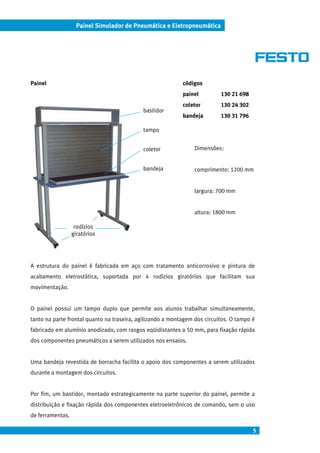 5
Painel Simulador de Pneumática e Eletropneumática
Painel códigos
painel 130 21 698
coletor 130 24 302
bandeja 130 31 796
Dimensões:
comprimento: 1200 mm
largura: 700 mm
altura: 1800 mm
A estrutura do painel é fabricada em aço com tratamento anticorrosivo e pintura de
acabamento eletrostática, suportada por 4 rodízios giratórios que facilitam sua
movimentação.
O painel possui um tampo duplo que permite aos alunos trabalhar simultaneamente,
tanto na parte frontal quanto na traseira, agilizando a montagem dos circuitos. O tampo é
fabricado em alumínio anodizado, com rasgos eqüidistantes a 50 mm, para fixação rápida
dos componentes pneumáticos a serem utilizados nos ensaios.
Uma bandeja revestida de borracha facilita o apoio dos componentes a serem utilizados
durante a montagem dos circuitos.
Por fim, um bastidor, montado estrategicamente na parte superior do painel, permite a
distribuição e fixação rápida dos componentes eletroeletrônicos de comando, sem o uso
de ferramentas.
bastidor
tampo
bandeja
rodízios
giratórios
coletor
 