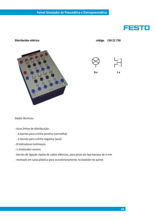 50
Painel Simulador de Pneumática e Eletropneumática
Distribuidor elétrico código 130 22 730
Dados técnicos:
- duas linhas de distribuição:
. 6 bornes para a linha positiva (vermelha)
. 6 bornes para a linha negativa (azul)
- 8 indicadores luminosos
- 1 sinalizador sonoro
- bornes de ligação rápida de cabos elétricos, para pinos do tipo banana de 4 mm
- montado em caixa plástica para acondicionamento no bastidor do painel
8 x 1 x
 