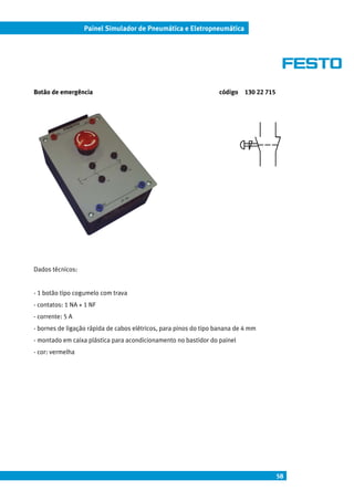 58
Painel Simulador de Pneumática e Eletropneumática
Botão de emergência código 130 22 715
Dados técnicos:
- 1 botão tipo cogumelo com trava
- contatos: 1 NA + 1 NF
- corrente: 5 A
- bornes de ligação rápida de cabos elétricos, para pinos do tipo banana de 4 mm
- montado em caixa plástica para acondicionamento no bastidor do painel
- cor: vermelha
 