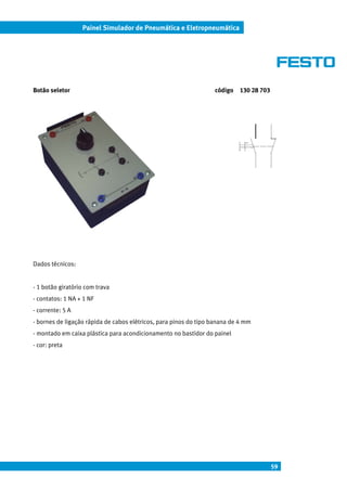 59
Painel Simulador de Pneumática e Eletropneumática
Botão seletor código 130 28 703
Dados técnicos:
- 1 botão giratório com trava
- contatos: 1 NA + 1 NF
- corrente: 5 A
- bornes de ligação rápida de cabos elétricos, para pinos do tipo banana de 4 mm
- montado em caixa plástica para acondicionamento no bastidor do painel
- cor: preta
 