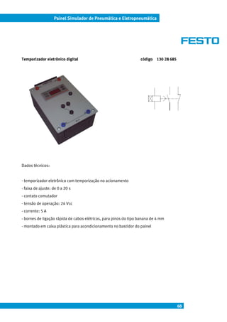 68
Painel Simulador de Pneumática e Eletropneumática
Temporizador eletrônico digital código 130 28 685
Dados técnicos:
- temporizador eletrônico com temporização no acionamento
- faixa de ajuste: de 0 a 20 s
- contato comutador
- tensão de operação: 24 Vcc
- corrente: 5 A
- bornes de ligação rápida de cabos elétricos, para pinos do tipo banana de 4 mm
- montado em caixa plástica para acondicionamento no bastidor do painel
 