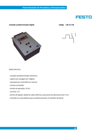 69
Painel Simulador de Pneumática e Eletropneumática
Contador predeterminador digital código 130 22 718
Dados técnicos:
- contador predeterminador eletrônico
- registro de contagem de 3 dígitos
- reposição por sinal elétrico e manual
- contato comutador
- tensão de operação: 24 Vcc
- corrente: 5 A
- bornes de ligação rápida de cabos elétricos, para pinos do tipo banana de 4 mm
- montado em caixa plástica para acondicionamento no bastidor do painel
 