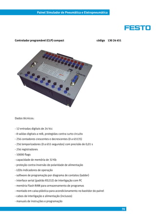 70
Painel Simulador de Pneumática e Eletropneumática
Controlador programável (CLP) compact código 130 24 451
Dados técnicos:
- 12 entradas digitais de 24 Vcc
- 8 saídas digitais a relê, protegidas contra curto circuito
- 256 contadores crescentes e decrescentes (0 a 65535)
- 256 temporizadores (0 a 655 segundos) com precisão de 0,01 s
- 256 registradores
- 10000 flags
- capacidade de memória de 32 Kb
- proteção contra inversão de polaridade de alimentação
- LEDs indicadores de operação
- software de programação por diagrama de contatos (ladder)
- interface serial (padrão RS232) de interligação com PC
- memória Flash RAM para armazenamento de programas
- montado em caixa plástica para acondicionamento no bastidor do painel
- cabos de interligação e alimentação (inclusos)
- manuais de instruções e programação
 
