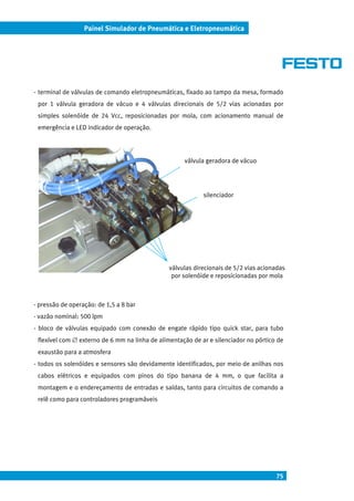 75
Painel Simulador de Pneumática e Eletropneumática
- terminal de válvulas de comando eletropneumáticas, fixado ao tampo da mesa, formado
por 1 válvula geradora de vácuo e 4 válvulas direcionais de 5/2 vias acionadas por
simples solenóide de 24 Vcc, reposicionadas por mola, com acionamento manual de
emergência e LED indicador de operação.
- pressão de operação: de 1,5 a 8 bar
- vazão nominal: 500 lpm
- bloco de válvulas equipado com conexão de engate rápido tipo quick star, para tubo
flexível com ∅ externo de 6 mm na linha de alimentação de ar e silenciador no pórtico de
exaustão para a atmosfera
- todos os solenóides e sensores são devidamente identificados, por meio de anilhas nos
cabos elétricos e equipados com pinos do tipo banana de 4 mm, o que facilita a
montagem e o endereçamento de entradas e saídas, tanto para circuitos de comando a
relê como para controladores programáveis
válvulas direcionais de 5/2 vias acionadas
por solenóide e reposicionadas por mola
válvula geradora de vácuo
silenciador
 