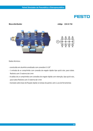 8
Painel Simulador de Pneumática e Eletropneumática
Bloco distribuidor código 130 22 750
Dados técnicos:
- construído em alumínio anodizado com conexões G 1/8”
- 1 entrada de ar comprimido com conexão de engate rápido tipo quick star, para tubos
flexíveis com ∅ externo de 6 mm
- 8 saídas de ar comprimido com conexões de engate rápido com retenção, tipo quick star,
para tubos flexíveis com ∅ externo de 4 mm
- montado sobre base de fixação rápida no tampo do painel, sem o uso de ferramentas
 