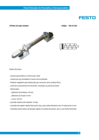 9
Painel Simulador de Pneumática e Eletropneumática
Cilindro de ação simples código 130 22 462
Dados técnicos:
- avanço pneumático e retorno por mola
- camisa de aço inoxidável e haste microrroletada
- êmbolo magnético para detecção por sensores sem contato físico
- came de acionamento em alumínio, montado na ponta da haste
- Dimensões:
. diâmetro do êmbolo: 20 mm
. diâmetro da haste: 8 mm
. curso: 50 mm
- pressão máxima de trabalho: 10 bar
- conexão de engate rápido tipo quick star, para tubos flexíveis com ∅ externo de 4 mm
- montado sobre bases de fixação rápida no tampo do painel, sem o uso de ferramentas
 