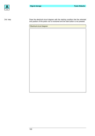 A
 7.3
            Signal storage                                                 Festo Didactic




2nd step   Draw the electrical circuit diagram with the starting condition that the retracted
           end position of the piston rod is monitored and the start button is not pressed.

            Electrical circuit diagram




           100
 