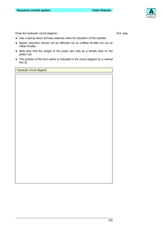 Sequence control system                                            Festo Didactic
                                                                                                    A
                                                                                                    8.1




Draw the hydraulic circuit diagram.                                                      2nd step

•   Use a spring return 4/2-way solenoid valve for actuation of the cylinder.

•   Speed reduction should not be effected via an outflow throttle but via an
    inflow throttle.

•   Note also that the weight of the press ram acts as a tensile load on the
    piston rod.

•   The position of the limit switch is indicated in the circuit diagram by a vertical
    line (|).

 Hydraulic circuit diagram




                                                                                 105
 