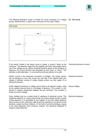 Fundamentals of electrical engineering                         Festo Didactic
                                                                                                                B2.2




The following illustration shows a simple DC circuit consisting of a voltage         2.2 DC circuit
source, electrical lines, a switch and a consumer (in this case a lamp).

 DC circuit



                                            I


                                                               3
                                                  S
         V=12V                                                 4

                                                         H




If the switch contact in the above circuit is closed, a current I flows via the      Technical direction of current
consumer. The electrons travel from the negative terminal to the positive termi-
nal of the voltage source. Before scientists became aware of the existence of
electrons, the current direction was described as from "plus" to "minus". This
definition is still valid today – it is termed the technical direction of current.

Electric current is the directional movement of charges. The charge carriers         Electrical conductor
can be electrons or ions. But current can only flow if the material used pos-
sesses a sufficient number of mobile charge carriers; we then speak of an
electrical conductor.

At the negative terminal of a voltage source there is an electron surplus, while     Source voltage
at the positive terminal there is a shortage of electrons. This results in a dif-
ference in electron assignment between the two terminals. This condition is
known as source voltage.

Every material puts up a certain level of resistance to electrical current. This     Electrical resistance
resistance depends on, among other things, the atomic density and the number
of free electrons. It is generated by the collision of the free mobile electrons
with the atoms of the conductor material and the restriction of movement of the
electrons caused by these collisions. In the field of control technology, copper
is the most frequently used conductor material. The electrical resistance of
copper is particularly low.




                                                                              119
 