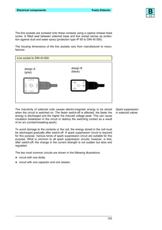Electrical components                                          Festo Didactic
                                                                                                          B
                                                                                                          3.5




The line sockets are screwed onto these contacts using a captive cheese head
screw. A fitted seal between solenoid base and line socket serves as protec-
tion against dust and water spray (protection type IP 65 to DIN 40 050).

The housing dimensions of the line sockets vary from manufacturer to manu-
facturer.


 Line socket to DIN 43 650



        design A                                   design B
        (grey)                                     (black)




The inductivity of solenoid coils causes electro-magnetic energy to be stored        Spark suppression
when the circuit is switched on. The faster switch-off is effected, the faster the   in solenoid valves
energy is discharged and the higher the induced voltage peak. This can cause
insulation breakdown in the circuit or destroy the switching contact as a result
of an arc (contact-breaking spark).

To avoid damage to the contacts or the coil, the energy stored in the coil must
be discharged gradually after switch-off. A spark suppression circuit is required
for this purpose. Various kinds of spark suppression circuit are suitable for this
purpose. What is common to all spark suppression circuits, however, is that,
after switch-off, the change in the current strength is not sudden but slow and
regulated.

The two most common circuits are shown in the following illustrations:

•   circuit with one diode,

•   circuit with one capacitor and one resistor.




                                                                              143
 