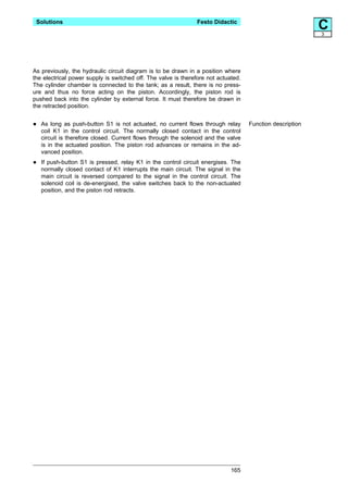 Solutions                                                      Festo Didactic
                                                                                                           C
                                                                                                           3




As previously, the hydraulic circuit diagram is to be drawn in a position where
the electrical power supply is switched off. The valve is therefore not actuated.
The cylinder chamber is connected to the tank; as a result, there is no press-
ure and thus no force acting on the piston. Accordingly, the piston rod is
pushed back into the cylinder by external force. It must therefore be drawn in
the retracted position.


•   As long as push-button S1 is not actuated, no current flows through relay
    coil K1 in the control circuit. The normally closed contact in the control
                                                                                    Function description

    circuit is therefore closed. Current flows through the solenoid and the valve
    is in the actuated position. The piston rod advances or remains in the ad-
    vanced position.

•   If push-button S1 is pressed, relay K1 in the control circuit energises. The
    normally closed contact of K1 interrupts the main circuit. The signal in the
    main circuit is reversed compared to the signal in the control circuit. The
    solenoid coil is de-energised, the valve switches back to the non-actuated
    position, and the piston rod retracts.




                                                                             165
 