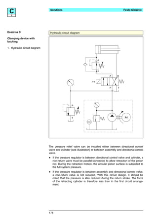 C9
                                Solutions                                                       Festo Didactic




Exercise 9                      Hydraulic circuit diagram

Clamping device with
latching

1. Hydraulic circuit diagram



                                                                          A




                                                                          P

                                                                                    A      B

                                                                     Y1

                                                                                    P      T




                                                   P




                                                   T                                             M




                               The pressure relief valve can be installed either between directional control
                               valve and cylinder (see illustration) or between assembly and directional control
                               valve.

                               •   If the pressure regulator is between directional control valve and cylinder, a
                                   non-return valve must be parallel-connected to allow retraction of the piston
                                   rod. During the retraction motion, the annular piston surface is subjected to
                                   the full system pressure.

                               •   If the pressure regulator is between assembly and directional control valve,
                                   a non-return valve is not required. With this circuit design, it should be
                                   noted that the pressure is also reduced during the return stroke. The force
                                   of the retracting cylinder is therefore less than in the first circuit arrange-
                                   ment.




                               178
 