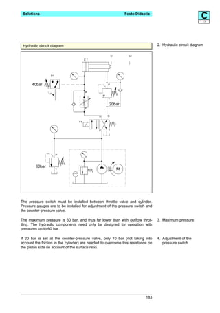Solutions                                                       Festo Didactic
                                                                                                            C11




 Hydraulic circuit diagram                                                        2. Hydraulic circuit diagram

                                                        S1         S2
                                        2:1




                  B1


      40bar                                         P

                                        A

                                                    T

                                                     20bar
                                        P


                                               A    B

                                   Y1


                                               P    T




                       P



         60bar
                       T                                     M




The pressure switch must be installed between throttle valve and cylinder.
Pressure gauges are to be installed for adjustment of the pressure switch and
the counter-pressure valve.

The maximum pressure is 60 bar, and thus far lower than with outflow throt-       3. Maximum pressure
tling. The hydraulic components need only be designed for operation with
pressures up to 60 bar.

If 20 bar is set at the counter-pressure valve, only 10 bar (not taking into      4. Adjustment of the
account the friction in the cylinder) are needed to overcome this resistance on      pressure switch
the piston side on account of the surface ratio.




                                                                            183
 