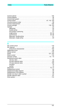 Index                                                                                         Festo Didactic




Control cabinet . . . . . . . . . . . . . . . . . . . . . . . . . . . . . . . . . . . . . . . . . . . . . . . . 145
Control diagram . . . . . . . . . . . . . . . . . . . . . . . . . . . . . . . . . . . . . . . . . . . . . . . . 36
Control loop system . . . . . . . . . . . . . . . . . . . . . . . . . . . . . . . . . . . . . . . . . . . . . 29
Control switch . . . . . . . . . . . . . . . . . . . . . . . . . . . . . . . . . . . . . . . . . . 47, 110, 129
Counter-pressure valve . . . . . . . . . . . . . . . . . . . . . . . . . . . . . . . . . . . . . . . . . . 98
Current measurement . . . . . . . . . . . . . . . . . . . . . . . . . . . . . . . . . . . . . . . . . . . 126
Current strength . . . . . . . . . . . . . . . . . . . . . . . . . . . . . . . . . . . . . . . . . . . 118, 120
Cylinder . . . . . . . . . . . . . . . . . . . . . . . . . . . . . . . . . . . . . . . . . . . . . . . . . . . . . . . 20
   differential . . . . . . . . . . . . . . . . . . . . . . . . . . . . . . . . . . . . . . . . . . . . . . . . . . 20
   double-acting . . . . . . . . . . . . . . . . . . . . . . . . . . . . . . . . . . . . . . . . . . . . . . . . 20
   end position cushioning . . . . . . . . . . . . . . . . . . . . . . . . . . . . . . . . . . . . . . . . 21
   single-acting . . . . . . . . . . . . . . . . . . . . . . . . . . . . . . . . . . . . . . . . . . . . . . 20, 46
   synchronous . . . . . . . . . . . . . . . . . . . . . . . . . . . . . . . . . . . . . . . . . . . . . 20, 96
   telescopic, double-acting . . . . . . . . . . . . . . . . . . . . . . . . . . . . . . . . . . . . . . . 21
   telescopic, single-acting . . . . . . . . . . . . . . . . . . . . . . . . . . . . . . . . . . . . . . . 20



D
DC current circuit . . . . . . . . . . . . . . . . . . . . . . . . . . . . . . . . . . . . . . . . . . . . . . 119
DC solenoid . . . . . . . . . . . . . . . . . . . . . . . . . . . . . . . . . . . . . . . . . . . . . . . . . . . 65
    stroke-force characteristic . . . . . . . . . . . . . . . . . . . . . . . . . . . . . . . . . . . . . 140
Differential circuit . . . . . . . . . . . . . . . . . . . . . . . . . . . . . . . . . . . . . . . . . . . . . . . 96
Diffuse sensor . . . . . . . . . . . . . . . . . . . . . . . . . . . . . . . . . . . . . . . . . . . . . . . . . 136
Diode . . . . . . . . . . . . . . . . . . . . . . . . . . . . . . . . . . . . . . . . . . . . . . . . . . . . 121, 144
Direct current . . . . . . . . . . . . . . . . . . . . . . . . . . . . . . . . . . . . . . . . . . . . . . . . . 118
Direction of flow . . . . . . . . . . . . . . . . . . . . . . . . . . . . . . . . . . . . . . . . . . . . 14 – 15
Directional control valve
    3/2-way valve . . . . . . . . . . . . . . . . . . . . . . . . . . . . . . . . . . . . . . . . . . . . . . . . 46
    4/2-way solenoid valve . . . . . . . . . . . . . . . . . . . . . . . . . . . . . . . . . . . . . . . . 65
    4/3-way solenoid valve . . . . . . . . . . . . . . . . . . . . . . . . . . . . . . . . . . . . . . . 108
    actuation . . . . . . . . . . . . . . . . . . . . . . . . . . . . . . . . . . . . . . . . . . . . . . . . . . . 16
    symbol . . . . . . . . . . . . . . . . . . . . . . . . . . . . . . . . . . . . . . . . . . . . . . . . . . . . . 15
Disjunction . . . . . . . . . . . . . . . . . . . . . . . . . . . . . . . . . . . . . . . . . . . . . . . . . 72, 77
Displacement control . . . . . . . . . . . . . . . . . . . . . . . . . . . . . . . . . . . . . . . . . . . . 95
Displacement-Step diagram . . . . . . . . . . . . . . . . . . . . . . . . . . . . . . . . . . . . . . . 35
Displacement-Time diagram . . . . . . . . . . . . . . . . . . . . . . . . . . . . . . . . . . . . . . . 36
Double non-return valve, symbol . . . . . . . . . . . . . . . . . . . . . . . . . . . . . . . . . . . 23
Double solenoid valve . . . . . . . . . . . . . . . . . . . . . . . . . . . . . . . . . . . . . . . . . . . 87
Drive section . . . . . . . . . . . . . . . . . . . . . . . . . . . . . . . . . . . . . . . . . . . . . . . . . . 115




                                                                                                                   197
 
