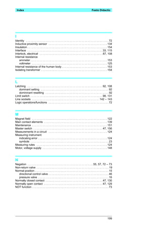 Index                                                                                      Festo Didactic




I
Identity . . . . . . . . . . . . . . . . . . . . . . . . . . . . . . . . . . . . . . . . . . . . . . . . . . . . . . . 72
Inductive proximity sensor . . . . . . . . . . . . . . . . . . . . . . . . . . . . . . . . . . . . . . . 134
Insulation . . . . . . . . . . . . . . . . . . . . . . . . . . . . . . . . . . . . . . . . . . . . . . . . . . . . . 154
Interface . . . . . . . . . . . . . . . . . . . . . . . . . . . . . . . . . . . . . . . . . . . . . . . . . . 33, 115
Interlock, electrical . . . . . . . . . . . . . . . . . . . . . . . . . . . . . . . . . . . . . . . . . . 87, 108
Internal resistance
    ammeter . . . . . . . . . . . . . . . . . . . . . . . . . . . . . . . . . . . . . . . . . . . . . . . . . . . 153
    voltmeter . . . . . . . . . . . . . . . . . . . . . . . . . . . . . . . . . . . . . . . . . . . . . . . . . . 125
Internal resistance of the human body . . . . . . . . . . . . . . . . . . . . . . . . . . . . . . 153
Isolating transformer . . . . . . . . . . . . . . . . . . . . . . . . . . . . . . . . . . . . . . . . . . . . 154



L
Latching . . . . . . . . . . . . . . . . . . . . . . . . . . . . . . . . . . . . . . . . . . . . . . . . . . 92, 108
   dominant setting . . . . . . . . . . . . . . . . . . . . . . . . . . . . . . . . . . . . . . . . . . . . . 92
   domininant resetting . . . . . . . . . . . . . . . . . . . . . . . . . . . . . . . . . . . . . . . . . . 92
Limit switch . . . . . . . . . . . . . . . . . . . . . . . . . . . . . . . . . . . . . . . . . . . . . . . . 98, 131
Line sockets . . . . . . . . . . . . . . . . . . . . . . . . . . . . . . . . . . . . . . . . . . . . . 142 – 143
Logic operations/functions . . . . . . . . . . . . . . . . . . . . . . . . . . . . . . . . . . . . . . . . 72



M
Magnet field . . . . . . . . . . . . . . . . . . . . . . . . . . . . . . . . . . . . . . . . . . . . . . . . . . 122
Main contact elements . . . . . . . . . . . . . . . . . . . . . . . . . . . . . . . . . . . . . . . . . . 139
Maintenance . . . . . . . . . . . . . . . . . . . . . . . . . . . . . . . . . . . . . . . . . . . . . . . . . . 151
Master switch . . . . . . . . . . . . . . . . . . . . . . . . . . . . . . . . . . . . . . . . . . . . . . 47, 156
Measurements in a circuit . . . . . . . . . . . . . . . . . . . . . . . . . . . . . . . . . . . . . . . 124
Measuring instrument
  indicating error . . . . . . . . . . . . . . . . . . . . . . . . . . . . . . . . . . . . . . . . . . . . . . 124
  symbols . . . . . . . . . . . . . . . . . . . . . . . . . . . . . . . . . . . . . . . . . . . . . . . . . . . . 23
Measuring rules . . . . . . . . . . . . . . . . . . . . . . . . . . . . . . . . . . . . . . . . . . . . . . . 124
Motor, voltage supply . . . . . . . . . . . . . . . . . . . . . . . . . . . . . . . . . . . . . . . . . . . 148



N
Negation . . . . . . . . . . . . . . . . . . . . . . . . . . . . . . . . . . . . . . . . . . . .55, 57, 72 – 73
Non-return valve . . . . . . . . . . . . . . . . . . . . . . . . . . . . . . . . . . . . . . . . . . . . . . . . 19
Normal position . . . . . . . . . . . . . . . . . . . . . . . . . . . . . . . . . . . . . . . . . . . . . . . . . 15
  directional control valve . . . . . . . . . . . . . . . . . . . . . . . . . . . . . . . . . . . . . . . . 46
  pressure valve . . . . . . . . . . . . . . . . . . . . . . . . . . . . . . . . . . . . . . . . . . . . . . . 16
Normally closed contact . . . . . . . . . . . . . . . . . . . . . . . . . . . . . . . . . . . . . . 47, 130
Normally open contact . . . . . . . . . . . . . . . . . . . . . . . . . . . . . . . . . . . . . . . 47, 129
NOT function . . . . . . . . . . . . . . . . . . . . . . . . . . . . . . . . . . . . . . . . . . . . . . . . . . . 73




                                                                                                                   199
 