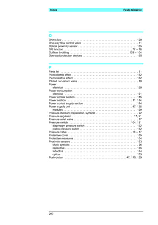 Index                                                                                         Festo Didactic




O
Ohm‘s law . . . . . . . . . . . . . . . . . . . . . . . . . . . . . . . . . . . . . . . . . . . . . . . . . . . 120
One-way flow control valve . . . . . . . . . . . . . . . . . . . . . . . . . . . . . . . . . . . . . . 51
Optical proximity sensor . . . . . . . . . . . . . . . . . . . . . . . . . . . . . . . . . . . . . . . . 135
OR function . . . . . . . . . . . . . . . . . . . . . . . . . . . . . . . . . . . . . . . . . . . . . . . 77 – 78
Outflow throttling . . . . . . . . . . . . . . . . . . . . . . . . . . . . . . . . . . . . . . . . . 103 – 104
Overload protection devices . . . . . . . . . . . . . . . . . . . . . . . . . . . . . . . . . . . . . 155



P
Parts list . . . . . . . . . . . . . . . . . . . . . . . . . . . . . . . . . . . . . . . . . . . . . . . . . . . . . 31
Piezoelectric effect . . . . . . . . . . . . . . . . . . . . . . . . . . . . . . . . . . . . . . . . . . . . 132
Piezoresistive effect . . . . . . . . . . . . . . . . . . . . . . . . . . . . . . . . . . . . . . . . . . . 132
Piloted non-return valve . . . . . . . . . . . . . . . . . . . . . . . . . . . . . . . . . . . . . . . . . 19
Power
    electrical . . . . . . . . . . . . . . . . . . . . . . . . . . . . . . . . . . . . . . . . . . . . . . . . . 120
Power consumption
    electrical . . . . . . . . . . . . . . . . . . . . . . . . . . . . . . . . . . . . . . . . . . . . . . . . . 121
Power control section . . . . . . . . . . . . . . . . . . . . . . . . . . . . . . . . . . . . . . . . . . 115
Power section . . . . . . . . . . . . . . . . . . . . . . . . . . . . . . . . . . . . . . . . . . . . . 11, 114
Power control supply section . . . . . . . . . . . . . . . . . . . . . . . . . . . . . . . . . . . . 114
Power supply unit . . . . . . . . . . . . . . . . . . . . . . . . . . . . . . . . . . . . . . . . . . 47, 128
    modules . . . . . . . . . . . . . . . . . . . . . . . . . . . . . . . . . . . . . . . . . . . . . . . . . . 129
Pressure medium preparation, symbols . . . . . . . . . . . . . . . . . . . . . . . . . . . . . 22
Pressure regulator . . . . . . . . . . . . . . . . . . . . . . . . . . . . . . . . . . . . . . . . . . 17, 91
Pressure relief valve . . . . . . . . . . . . . . . . . . . . . . . . . . . . . . . . . . . . . . . . . . . . 17
Pressure switch . . . . . . . . . . . . . . . . . . . . . . . . . . . . . . . . . . . . . . . . . . 104, 131
    diaphragm pressure switch . . . . . . . . . . . . . . . . . . . . . . . . . . . . . . . . . . . 132
    piston pressure switch . . . . . . . . . . . . . . . . . . . . . . . . . . . . . . . . . . . . . . . 132
Pressure valve . . . . . . . . . . . . . . . . . . . . . . . . . . . . . . . . . . . . . . . . . . . . 16 – 17
Protective cover . . . . . . . . . . . . . . . . . . . . . . . . . . . . . . . . . . . . . . . . . . . . . . 155
Protective measures . . . . . . . . . . . . . . . . . . . . . . . . . . . . . . . . . . . . . . . . . . . 154
Proximity sensors . . . . . . . . . . . . . . . . . . . . . . . . . . . . . . . . . . . . . . . . . . . . . 133
    block symbols . . . . . . . . . . . . . . . . . . . . . . . . . . . . . . . . . . . . . . . . . . . . . . 26
    capacitive . . . . . . . . . . . . . . . . . . . . . . . . . . . . . . . . . . . . . . . . . . . . . . . . . 135
    inductive . . . . . . . . . . . . . . . . . . . . . . . . . . . . . . . . . . . . . . . . . . . . . . . . . 134
    optical . . . . . . . . . . . . . . . . . . . . . . . . . . . . . . . . . . . . . . . . . . . . . . . . . . . 135
Push-button . . . . . . . . . . . . . . . . . . . . . . . . . . . . . . . . . . . . . . . . . . 47, 110, 129




200
 