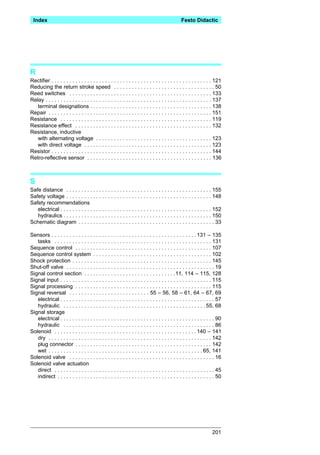 Index                                                                                         Festo Didactic




R
Rectifier . . . . . . . . . . . . . . . . . . . . . . . . . . . . . . . . . . . . . . . . . . . . . . . . . . . . . . 121
Reducing the return stroke speed . . . . . . . . . . . . . . . . . . . . . . . . . . . . . . . . . . 50
Reed switches . . . . . . . . . . . . . . . . . . . . . . . . . . . . . . . . . . . . . . . . . . . . . . . . 133
Relay . . . . . . . . . . . . . . . . . . . . . . . . . . . . . . . . . . . . . . . . . . . . . . . . . . . . . . . . 137
   terminal designations . . . . . . . . . . . . . . . . . . . . . . . . . . . . . . . . . . . . . . . . . 138
Repair . . . . . . . . . . . . . . . . . . . . . . . . . . . . . . . . . . . . . . . . . . . . . . . . . . . . . . . 151
Resistance . . . . . . . . . . . . . . . . . . . . . . . . . . . . . . . . . . . . . . . . . . . . . . . . . . . 119
Resistance effect . . . . . . . . . . . . . . . . . . . . . . . . . . . . . . . . . . . . . . . . . . . . . . 132
Resistance, inductive
   with alternating voltage . . . . . . . . . . . . . . . . . . . . . . . . . . . . . . . . . . . . . . . 123
   with direct voltage . . . . . . . . . . . . . . . . . . . . . . . . . . . . . . . . . . . . . . . . . . . 123
Resistor . . . . . . . . . . . . . . . . . . . . . . . . . . . . . . . . . . . . . . . . . . . . . . . . . . . . . . 144
Retro-reflective sensor . . . . . . . . . . . . . . . . . . . . . . . . . . . . . . . . . . . . . . . . . . 136



S
Safe distance . . . . . . . . . . . . . . . . . . . . . . . . . . . . . . . . . . . . . . . . . . . . . . . . . 155
Safety voltage . . . . . . . . . . . . . . . . . . . . . . . . . . . . . . . . . . . . . . . . . . . . . . . . . 148
Safety recommendations
   electrical . . . . . . . . . . . . . . . . . . . . . . . . . . . . . . . . . . . . . . . . . . . . . . . . . . . 152
   hydraulics . . . . . . . . . . . . . . . . . . . . . . . . . . . . . . . . . . . . . . . . . . . . . . . . . . 150
Schematic diagram . . . . . . . . . . . . . . . . . . . . . . . . . . . . . . . . . . . . . . . . . . . . . . 33

Sensors . . . . . . . . . . . . . . . . . . . . . . . . . . . . . . . . . . . . . . . . . . . . . . . . . 131 – 135
   tasks . . . . . . . . . . . . . . . . . . . . . . . . . . . . . . . . . . . . . . . . . . . . . . . . . . . . . 131
Sequence control . . . . . . . . . . . . . . . . . . . . . . . . . . . . . . . . . . . . . . . . . . . . . . 107
Sequence control system . . . . . . . . . . . . . . . . . . . . . . . . . . . . . . . . . . . . . . . . 102
Shock protection . . . . . . . . . . . . . . . . . . . . . . . . . . . . . . . . . . . . . . . . . . . . . . . 145
Shut-off valve . . . . . . . . . . . . . . . . . . . . . . . . . . . . . . . . . . . . . . . . . . . . . . . . . . 19
Signal control section . . . . . . . . . . . . . . . . . . . . . . . . . . . . . . .11, 114 – 115, 128
Signal input . . . . . . . . . . . . . . . . . . . . . . . . . . . . . . . . . . . . . . . . . . . . . . . . . . . 115
Signal processing . . . . . . . . . . . . . . . . . . . . . . . . . . . . . . . . . . . . . . . . . . . . . . 115
Signal reversal . . . . . . . . . . . . . . . . . . . . . . . . . . . 55 – 56, 58 – 61, 64 – 67, 69
   electrical . . . . . . . . . . . . . . . . . . . . . . . . . . . . . . . . . . . . . . . . . . . . . . . . . . . . 57
   hydraulic . . . . . . . . . . . . . . . . . . . . . . . . . . . . . . . . . . . . . . . . . . . . . . . . 55, 68
Signal storage
   electrical . . . . . . . . . . . . . . . . . . . . . . . . . . . . . . . . . . . . . . . . . . . . . . . . . . . . 90
   hydraulic . . . . . . . . . . . . . . . . . . . . . . . . . . . . . . . . . . . . . . . . . . . . . . . . . . . 86
Solenoid . . . . . . . . . . . . . . . . . . . . . . . . . . . . . . . . . . . . . . . . . . . . . . . . 140 – 141
   dry . . . . . . . . . . . . . . . . . . . . . . . . . . . . . . . . . . . . . . . . . . . . . . . . . . . . . . . 142
   plug connector . . . . . . . . . . . . . . . . . . . . . . . . . . . . . . . . . . . . . . . . . . . . . . 142
   wet . . . . . . . . . . . . . . . . . . . . . . . . . . . . . . . . . . . . . . . . . . . . . . . . . . . . 65, 141
Solenoid valve . . . . . . . . . . . . . . . . . . . . . . . . . . . . . . . . . . . . . . . . . . . . . . . . . 16
Solenoid valve actuation
   direct . . . . . . . . . . . . . . . . . . . . . . . . . . . . . . . . . . . . . . . . . . . . . . . . . . . . . . 45
   indirect . . . . . . . . . . . . . . . . . . . . . . . . . . . . . . . . . . . . . . . . . . . . . . . . . . . . . 50




                                                                                                                   201
 