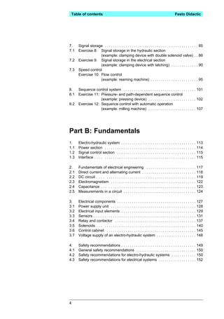 Table of contents                                                                        Festo Didactic




7.    Signal storage . . . . . . . . . . . . . . . . . . . . . . . . . . . . . . . . . . . . . . . . . . . . . 85
7.1   Exercise 8: Signal storage in the hydraulic section
                   (example: clamping device with double solenoid valve) . . 86
7.2   Exercise 9: Signal storage in the electrical section
                   (example: clamping device with latching) . . . . . . . . . . . . . 90
7.3   Speed control
      Exercise 10: Flow control
                   (example: reaming machine) . . . . . . . . . . . . . . . . . . . . . . . 95

8.    Sequence control system . . . . . . . . . . . . . . . . . . . . . . . . . . . . . . . . . . . 101
8.1   Exercise 11: Pressure- and path-dependent sequence control
                   (example: pressing device) . . . . . . . . . . . . . . . . . . . . . . . 102
8.2   Exercise 12: Sequence control with automatic operation
                   (example: milling machine) . . . . . . . . . . . . . . . . . . . . . . . 107




Part B: Fundamentals
1.    Electro-hydraulic system . . . . . . . . . . . . . . . . . . . . . . . . . . . . . . . . . . . . 113
1.1   Power section . . . . . . . . . . . . . . . . . . . . . . . . . . . . . . . . . . . . . . . . . . . . 114
1.2   Signal control section . . . . . . . . . . . . . . . . . . . . . . . . . . . . . . . . . . . . . . 115
1.3   Interface . . . . . . . . . . . . . . . . . . . . . . . . . . . . . . . . . . . . . . . . . . . . . . . . 115

2.    Fundamentals of electrical engineering . . . . . . . . . . . . . . . . . . . . . . . . 117
2.1   Direct current and alternating current . . . . . . . . . . . . . . . . . . . . . . . . . . 118
2.2   DC circuit . . . . . . . . . . . . . . . . . . . . . . . . . . . . . . . . . . . . . . . . . . . . . . . 119
2.3   Electromagnetism . . . . . . . . . . . . . . . . . . . . . . . . . . . . . . . . . . . . . . . . . 122
2.4   Capacitance . . . . . . . . . . . . . . . . . . . . . . . . . . . . . . . . . . . . . . . . . . . . . 123
2.5   Measurements in a circuit . . . . . . . . . . . . . . . . . . . . . . . . . . . . . . . . . . . 124

3.    Electrical components . . . . . . . . . . . . . . . . . . . . . . . . . . . . . . . . . . . . . . 127
3.1   Power supply unit . . . . . . . . . . . . . . . . . . . . . . . . . . . . . . . . . . . . . . . . . 128
3.2   Electrical input elements . . . . . . . . . . . . . . . . . . . . . . . . . . . . . . . . . . . . 129
3.3   Sensors . . . . . . . . . . . . . . . . . . . . . . . . . . . . . . . . . . . . . . . . . . . . . . . . . 131
3.4   Relay and contactor . . . . . . . . . . . . . . . . . . . . . . . . . . . . . . . . . . . . . . . 137
3.5   Solenoids . . . . . . . . . . . . . . . . . . . . . . . . . . . . . . . . . . . . . . . . . . . . . . . 140
3.6   Control cabinet . . . . . . . . . . . . . . . . . . . . . . . . . . . . . . . . . . . . . . . . . . . 145
3.7   Voltage supply of an electro-hydraulic system . . . . . . . . . . . . . . . . . . . 148

4.    Safety recommendations . . . . . . . . . . . . . . . . . . . . . . . . . . . . . . . . . . . . 149
4.1   General safety recommendations . . . . . . . . . . . . . . . . . . . . . . . . . . . . . 150
4.2   Safety recommendations for electro-hydraulic systems . . . . . . . . . . . . 150
4.3   Safety recommendations for electrical systems . . . . . . . . . . . . . . . . . . 152




4
 