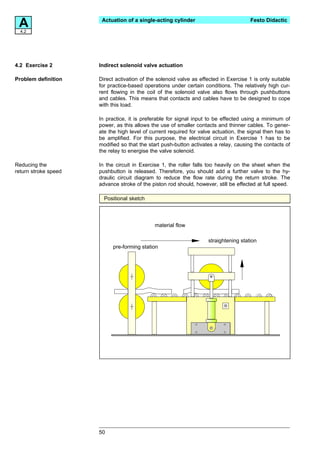 A4.2
                       Actuation of a single-acting cylinder                          Festo Didactic




4.2 Exercise 2        Indirect solenoid valve actuation

Problem definition    Direct activation of the solenoid valve as effected in Exercise 1 is only suitable
                      for practice-based operations under certain conditions. The relatively high cur-
                      rent flowing in the coil of the solenoid valve also flows through pushbuttons
                      and cables. This means that contacts and cables have to be designed to cope
                      with this load.

                      In practice, it is preferable for signal input to be effected using a minimum of
                      power, as this allows the use of smaller contacts and thinner cables. To gener-
                      ate the high level of current required for valve actuation, the signal then has to
                      be amplified. For this purpose, the electrical circuit in Exercise 1 has to be
                      modified so that the start push-button activates a relay, causing the contacts of
                      the relay to energise the valve solenoid.

Reducing the          In the circuit in Exercise 1, the roller falls too heavily on the sheet when the
return stroke speed   pushbutton is released. Therefore, you should add a further valve to the hy-
                      draulic circuit diagram to reduce the flow rate during the return stroke. The
                      advance stroke of the piston rod should, however, still be effected at full speed.

                        Positional sketch



                                             material flow

                                                                    straightening station
                            pre-forming station




                      50
 