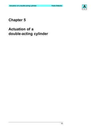 Actuation of a double-acting cylinder   Festo Didactic
                                                         A
                                                         5




Chapter 5

Actuation of a
double-acting cylinder




                                                    63
 