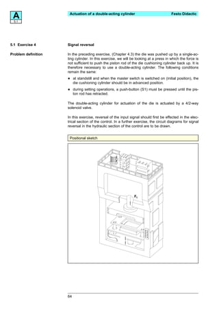 A5.1
                      Actuation of a double-acting cylinder                             Festo Didactic




5.1 Exercise 4       Signal reversal

Problem definition   In the preceding exercise, (Chapter 4.3) the die was pushed up by a single-ac-
                     ting cylinder. In this exercise, we will be looking at a press in which the force is
                     not sufficient to push the piston rod of the die cushioning cylinder back up. It is
                     therefore necessary to use a double-acting cylinder. The following conditions
                     remain the same:

                     •    at standstill and when the master switch is switched on (initial position), the
                          die cushioning cylinder should be in advanced position.

                     •    during setting operations, a push-button (S1) must be pressed until the pis-
                          ton rod has retracted.

                     The double-acting cylinder for actuation of the die is actuated by a 4/2-way
                     solenoid valve.

                     In this exercise, reversal of the input signal should first be effected in the elec-
                     trical section of the control. In a further exercise, the circuit diagrams for signal
                     reversal in the hydraulic section of the control are to be drawn.


                      Positional sketch




                                                                F1




                     64
 