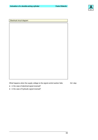 Actuation of a double-acting cylinder                        Festo Didactic
                                                                                            A
                                                                                            5.1




 Electrical circuit diagram




What happens when the supply voltage to the signal control section fails:        3rd step

•   in the case of electrical signal reversal?

•   in the case of hydraulic signal reversal?




                                                                            69
 