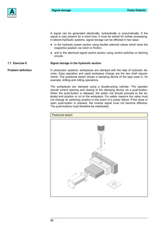 A
 7, 7.1
                      Signal storage                                                   Festo Didactic




                     A signal can be generated electrically, hydraulically or pneumatically. If the
                     signal is only present for a short time, it must be stored for further processing.
                     In electro-hydraulic systems, signal storage can be effected in two ways:

                     •    in the hydraulic power section using double solenoid valves which store the
                          respective position via notch or friction,

                     •    and in the electrical signal control section using control switches or latching
                          circuits.

7.1 Exercise 8       Signal storage in the hydraulic section

Problem definition   In production systems, workpieces are clamped with the help of hydraulic de-
                     vices. Easy operation and rapid workpiece change are the two chief require-
                     ments. The positional sketch shows a clamping device of the type used in, for
                     example, drilling and milling operations.

                     The workpieces are clamped using a double-acting cylinder. The operator
                     should control opening and closing of the clamping device via a push-button.
                     When the push-button is released, the piston rod should proceed to the se-
                     lected end position or on to the workpiece. For safety reasons the valve must
                     not change its switching position in the event of a power failure. If the close or
                     open push-button is pressed, the inverse signal must not become effective.
                     The push-buttons must therefore be interlocked.


                      Positional sketch




                     86
 