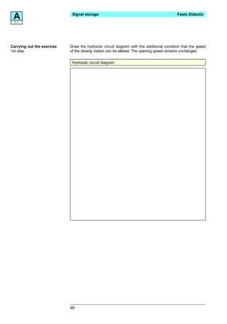 A7.1
                             Signal storage                                               Festo Didactic




Carrying out the exercise   Draw the hydraulic circuit diagram with the additional condition that the speed
1st step                    of the closing motion can be altered. The opening speed remains unchanged.


                             Hydraulic circuit diagram




                            88
 