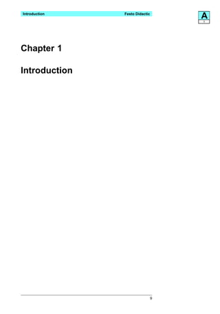 Introduction   Festo Didactic
                                    A
                                    1




Chapter 1

Introduction




                                9
 