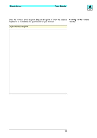 Signal storage                                             Festo Didactic
                                                                                                        A
                                                                                                        7.2




Draw the hydraulic circuit diagram. Stipulate the point at which the pressure   Carrying out the exercise
regulator is to be installed and give reasons for your decision.                1st step


 Hydraulic circuit diagram




                                                                          93
 