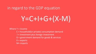 in regard to the GDP equation
Y=C+I+G+(X-M)
Where Y = income
C = household(or private) consumption demand
I = investment plus foreign investment
G = government demand for goods & services
X = exports
M= imports
 