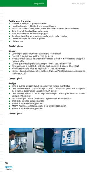 il programma                                    Lean Six Sigma




     Gestire team di progetto
     ■	 Elementi di base per la guida di un team
     ■	 La definizione degli obiettivi di un gruppo di lavoro
     ■	 Processi di chiarificazione, condivisione dell’obiettivo e motivazione del team
     ■	 Aspetti metodologici del lavoro di gruppo
     ■	 Ruoli organizzativi e dinamiche di gruppo
     ■	 Il ruolo del team leader: orientamento al compito e alle relazioni
     ■	 La comunicazione nel lavoro di gruppo
     ■	 I Kaizen team

     Durata 1 giorno

     Measure
     ■	 Come impostare una corretta e significativa raccolta dati
     ■	 Elementi di statistica descrittiva per il Six Sigma
     ■	 Introduzione all’utilizzo del sistema informatico Minitab v.16TM ed esempi di applica-
        zioni operative
     ■	 Come e quali metodi grafici utilizzare per l’analisi descrittiva dei dati
     ■	 Come verificare la validità dei sistemi e degli strumenti di misura: il Gage R&R
     ■	 Identificazione delle misure e degli indici di capacità processo
     ■	 Esempi ed applicazioni operative del Gage R&R e dell’analisi di capacità di processo
        su Minitab v.16TM

     Durata 2 giorni

     Analyze
     ■	 Come e quando utilizzare l’analisi qualitativa e l’analisi quantitativa
     ■	 Descrizione ed esempi di utilizzo degli strumenti per l’analisi qualitativa: il diagram-
        ma di Pareto, il diagramma Causa-Effetto, i 5 perché
     ■	 Descrizione ed esempi di utilizzo degli strumenti per l’analisi grafica dei dati: Scatter
        Diagram e Matrix Plot
     ■	 Gli strumenti per l’analisi quantitativa: regressione e test delle ipotesi
     ■	 Il test delle ipotesi e sue applicazioni
     ■	 Modelli di regressione e applicazioni
     ■	 ANOVA (Analisi della Varianza) a uno e più fattori e applicazioni
     ■	 Modelli di regressione e applicazioni

     Durata 2 giorni




10
 