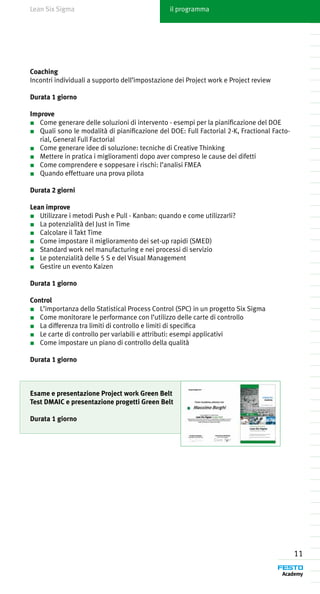 Lean Six Sigma                                  il programma




Coaching
Incontri individuali a supporto dell’impostazione dei Project work e Project review

Durata 1 giorno

Improve
■	 Come generare delle soluzioni di intervento - esempi per la pianificazione del DOE
■	 Quali sono le modalità di pianificazione del DOE: Full Factorial 2-K, Fractional Facto-
   rial, General Full Factorial
■	 Come generare idee di soluzione: tecniche di Creative Thinking
■	 Mettere in pratica i miglioramenti dopo aver compreso le cause dei difetti
■	 Come comprendere e soppesare i rischi: l’analisi FMEA
■	 Quando effettuare una prova pilota

Durata 2 giorni

Lean improve
■	 Utilizzare i metodi Push e Pull - Kanban: quando e come utilizzarli?
■	 La potenzialità del Just in Time
■	 Calcolare il Takt Time
■	 Come impostare il miglioramento dei set-up rapidi (SMED)
■	 Standard work nel manufacturing e nei processi di servizio
■	 Le potenzialità delle 5 S e del Visual Management
■	 Gestire un evento Kaizen

Durata 1 giorno

Control
■	 L’importanza dello Statistical Process Control (SPC) in un progetto Six Sigma
■	 Come monitorare le performance con l’utilizzo delle carte di controllo
■	 La differenza tra limiti di controllo e limiti di specifica
■	 Le carte di controllo per variabili e attributi: esempi applicativi
■	 Come impostare un piano di controllo della qualità

Durata 1 giorno



Esame e presentazione Project work Green Belt
Test DMAIC e presentazione progetti Green Belt

Durata 1 giorno




                                                                                             11
 
