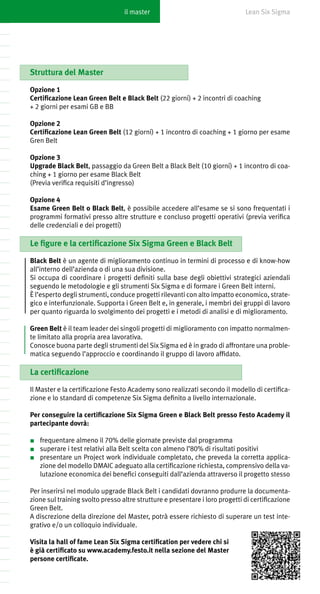il master                                   Lean Six Sigma




Struttura del Master

Opzione 1
Certificazione Lean Green Belt e Black Belt (22 giorni) + 2 incontri di coaching
+ 2 giorni per esami GB e BB

Opzione 2
Certificazione Lean Green Belt (12 giorni) + 1 incontro di coaching + 1 giorno per esame
Gren Belt

Opzione 3
Upgrade Black Belt, passaggio da Green Belt a Black Belt (10 giorni) + 1 incontro di coa-
ching + 1 giorno per esame Black Belt
(Previa verifica requisiti d’ingresso)

Opzione 4
Esame Green Belt o Black Belt, è possibile accedere all’esame se si sono frequentati i
programmi formativi presso altre strutture e concluso progetti operativi (previa verifica
delle credenziali e dei progetti)

Le figure e la certificazione Six Sigma Green e Black Belt

Black Belt è un agente di miglioramento continuo in termini di processo e di know-how
all’interno dell’azienda o di una sua divisione.
Si occupa di coordinare i progetti definiti sulla base degli obiettivi strategici aziendali
seguendo le metodologie e gli strumenti Six Sigma e di formare i Green Belt interni.
È l’esperto degli strumenti, conduce progetti rilevanti con alto impatto economico, strate-
gico e interfunzionale. Supporta i Green Belt e, in generale, i membri dei gruppi di lavoro
per quanto riguarda lo svolgimento dei progetti e i metodi di analisi e di miglioramento.

Green Belt è il team leader dei singoli progetti di miglioramento con impatto normalmen-
te limitato alla propria area lavorativa.
Conosce buona parte degli strumenti del Six Sigma ed è in grado di affrontare una proble-
matica seguendo l’approccio e coordinando il gruppo di lavoro affidato.

La certificazione

Il Master e la certificazione Festo Academy sono realizzati secondo il modello di certifica-
zione e lo standard di competenze Six Sigma definito a livello internazionale.

Per conseguire la certificazione Six Sigma Green e Black Belt presso Festo Academy il
partecipante dovrà:

■	 frequentare almeno il 70% delle giornate previste dal programma
■	 superare i test relativi alla Belt scelta con almeno l’80% di risultati positivi
■	 presentare un Project work individuale completato, che preveda la corretta applica-
   zione del modello DMAIC adeguato alla certificazione richiesta, comprensivo della va-
   lutazione economica dei benefici conseguiti dall’azienda attraverso il progetto stesso

Per inserirsi nel modulo upgrade Black Belt i candidati dovranno produrre la documenta-
zione sul training svolto presso altre strutture e presentare i loro progetti di certificazione
Green Belt.
A discrezione della direzione del Master, potrà essere richiesto di superare un test inte-
grativo e/o un colloquio individuale.

Visita la hall of fame Lean Six Sigma certification per vedere chi si
è già certificato su www.academy.festo.it nella sezione del Master
persone certificate.
 
