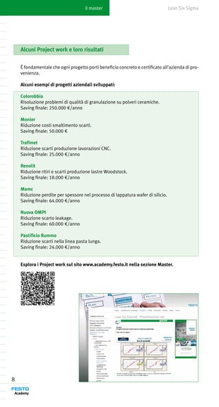 il master                                   Lean Six Sigma




    Alcuni Project work e loro risultati


    È fondamentale che ogni progetto porti beneficio concreto e certificato all’azienda di pro-
    venienza.

    Alcuni esempi di progetti aziendali sviluppati:

    Colorobbia
    Risoluzione problemi di qualità di granulazione su polveri ceramiche.
    Saving finale: 250.000 €/anno

    Monier
    Riduzione costi smaltimento scarti.
    Saving finale: 50.000 €

    Trafimet
    Riduzione scarti produzione lavorazioni CNC.
    Saving finale: 25.000 €/anno

    Renolit
    Riduzione ritiri e scarti produzione lastre Woodstock.
    Saving finale: 18.000 €/anno

    Memc
    Riduzione perdite per spessore nel processo di lappatura wafer di silicio.
    Saving finale: 64.000 €/anno

    Nuova OMPI
    Riduzione scarto leakage.
    Saving finale: 60.000 €/anno

    Pastificio Rummo
    Riduzione scarti nella linea pasta lunga.
    Saving finale: 24.000 €/anno


    Esplora i Project work sul sito www.academy.festo.it nella sezione Master.




8
 