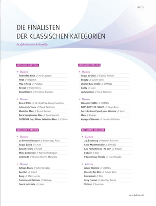 KATEGORIE LIFESTYLE
 Damen
Forbidden Rose // Avril Lavigne
Heat // Beyoncé
Play it Sexy // Playboy
Reveal // Halle Berry
Royal Desire // Christina Aguilera
 Herren
Bruce Willis // LR Health & Beauty Systems
Intimately Yours // David Beckham
Made for Men // Bruno Banani
Rock Symphonies Man // David Garrett
SUPERIOR by s.Oliver Selection Men // s.Oliver
KATEGORIE KLASSIKER
 Damen
24, Faubourg // Hermès Parfums
Coco Mademoiselle // CHANEL
Eau Parfumée au Thé Vert // Bvlgari
J’adore // Dior
L’Eau d’Issey Florale // Issey Miyake
 Herren
Allure Homme // CHANEL
Eternity for Men // Calvin Klein
Fahrenheit // Dior
Grey Flannel // Geoffrey Beene
Vetiver // Guerlain
In alphabetischer Reihenfolge
DIE FINALISTEN
DER KLASSISCHEN KATEGORIEN
KATEGORIE EXKLUSIV
 Damen
10 Avenue George V // Balenciaga Paris
Acqua Santa // Linari
Eau de Fleurs // Chloé
Musc Collection // Narciso Rodriguez
(untitled) // Maison Martin Margiela
 Herren
Artisan Black // John Varvatos
Aventus // Creed
Bang // Marc Jacobs
Carbone de Balmain // Balmain
Fuoco Infernale // Linari
KATEGORIE PRESTIGE
 Damen
Acqua di Gioia // Giorgio Armani
Beauty // Calvin Klein
Chance Eau Tendre // CHANEL
Guilty // Gucci
Lady Million // Paco Rabanne
 Herren
Bleu de CHANEL // CHANEL
BOSS BOTTLED. NIGHT. // Hugo Boss
Gucci by Gucci Sport pour Homme // Gucci
Man // Bvlgari
Voyage d’Hermès // Hermès Parfums
3130
www.duftstars.de
13:45
 
