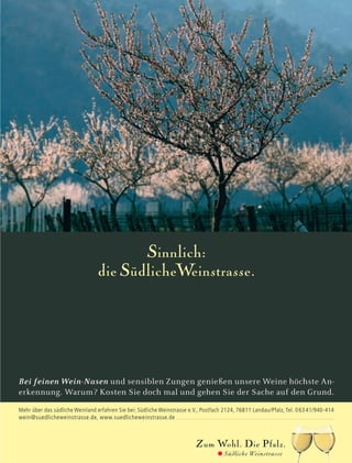 5352
Zum Wohl. Die Pfalz.
G Südliche Weinstrasse
Sinnlich:
die SüdlicheWeinstrasse.
Mehr über das südliche Weinland erfahren Sie bei: Südliche Weinstrasse e.V., Postfach 2124, 76811 Landau/Pfalz, Tel. 06341/940-414
wein@suedlicheweinstrasse.de, www.suedlicheweinstrasse.de
Bei feinen Wein-Nasen und sensiblen Zungen genießen unsere Weine höchste An-
erkennung. Warum? Kosten Sie doch mal und gehen Sie der Sache auf den Grund.
 