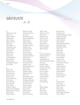 A
Ackermann, Ursula
Adams, Tim
Adams, Stephan
Adleff, Sabine
Adler, Thomas
Akesson, Josefin
Aktay, Lale
Altan, Rüyam
Anastasova, Lidiya
Anstoetz, Ralph
Antony, Ross
Apey, Patricio
Apfel, Katrin
Arnold, Irene
Arnold, Karl-Hans
Arp, Christiane
Atwell, Susann
Aufschläger, Michaela
Auth, Astrid
B
Bäder, Julia
Baikousis, Caty
Balke, Christine
Bansemer, Rene
Bärsch, Ulrike
Bartholomä, Britta
Bartz, Katrin
Bartz, Bernhard
Basse, Daniela
Baum, Svenja
Baurecht, Helmut
Bayerschmidt, Hildegard
Beckedorff, von, Clemens
Becker, Birgit
Becker, Thomas
Becker jun., Willi
Beckmann, Andrea
Berg, Olaf
Berg, Marie-Louise
Berger, Ralf-Michael
Berger, Oliver
Berger, Brigitte
Bergmann, Anika
Bergmann, Thomas
Bergwitz, Anja
Bernhards, Peter
Bischoff, Julia
Bittner, Tobias
Blanchard, Maike
Blanchard, Stephane
Bläser, Mario
Bleeker, Astrid
Blume, Wolfgang
Blumenauer, Felix
Boehler, Guido
Bohlinger, Alexander
Böhm, Birgit
Boitin, Florian
Bokoteen, Marco
Bollweg, Michael
Bolz, Irina
Bonnstädter, Dieter
Borchert, Stephan
Borloglou, Alexander
Bouédibéla, Patrice
Braun, Christian
Brauner, Sharon
Breid, Dr. Volker
Breuer, Vera
Brondi, Corrado
Brüne, Antje
Bruszis, Christiane
Bublitz, Tanja
Buchmann, Heinz
Büchner, Eve
Buhlmann, Gisa
Bürg, Christine
Busch, Caroline
Busch, Carolin
Busch, Martin
Buttgereit, Sarah
Büttner, Madlen
Bylsma, Martin
C
Carvalho, Margarida
Cebulla, Christine
Cebulla, Dirk
Cevlik-Wilde, Jirka
Christmann-Brown, Graham
Ciliax, Jens
Claußen, Stefan
Colsman, Claudius
Colsmann, Christine
Corduan, Anja
Courtin, Virginie
Cozma, Stefan
Cramer, Bettina
Cramer, Michael
Curio, Carola
Cyriax, Judith
Czurda, Claudia
D
Dagrée, Monika
Dahl, Karin
Dahm, Klaus
Damer, Antje
Damm, Andreas
Dauliac, Céline
de Boever, Bart
De Taisne-Montague, Savina
Deckenbrock, Marc
Degel, Alexandra
Deindl, Dominik
Dejori, Markus
Del Castillo-Hörup, Maria
Delvendahl, Birgit
Delvendahl, Jochen
Desens, Eva
Diehr, Katja
Diehr, Peter
Diersche, Rainer
Dietzel, Daniela
Ditzel, Monika
Dominik, Rene
Donaldson, Fiona
Dr. Schneider, Thomas
Dreßler, Anja
Drewing, Martina
Drews, Christina
Drexler, Stefanie
Dunke, Michael
Dunn, Silvia
Durchholz, Marita
Dyrchs, Sabine
E
Ecker, Henning
Eibl, Juliane
Eichler, Gabriele
Eichler, Jana
Eiden, Rainer
El Sayed, Nagia
Elbertshagen, Alexander
Elsen, Christian
GÄSTELISTE
A – E
Stand 13.05.2011
7978
www.duftstars.de
 